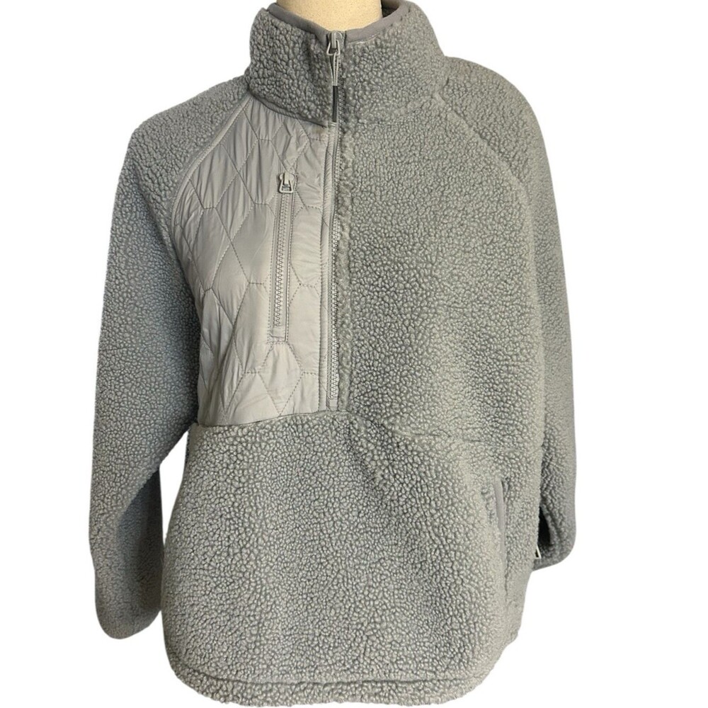 Joy Lab Womens Size L Gray Sherpa Fleece Jacket Pockets Drawstring Pullover